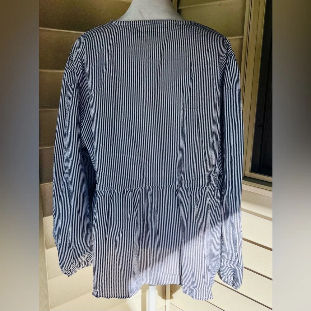 Mesoli Blue & White Striped Puff Sleeve Babydoll Peplum Blouse – Size XL - Picture 5 of 7